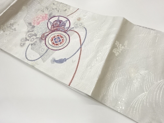 プラチナ箔鼓に花々模様織出し名古屋帯